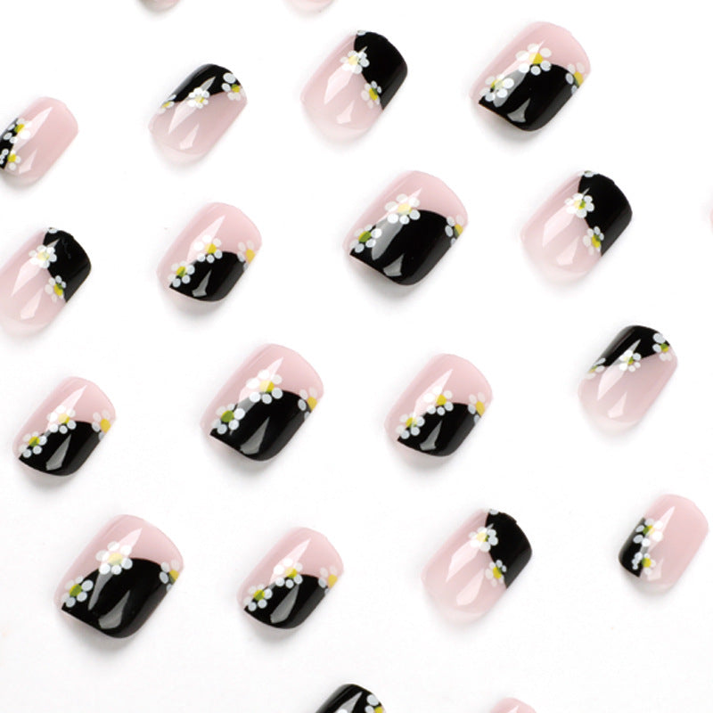 S33 Sunflower Black French Short nails