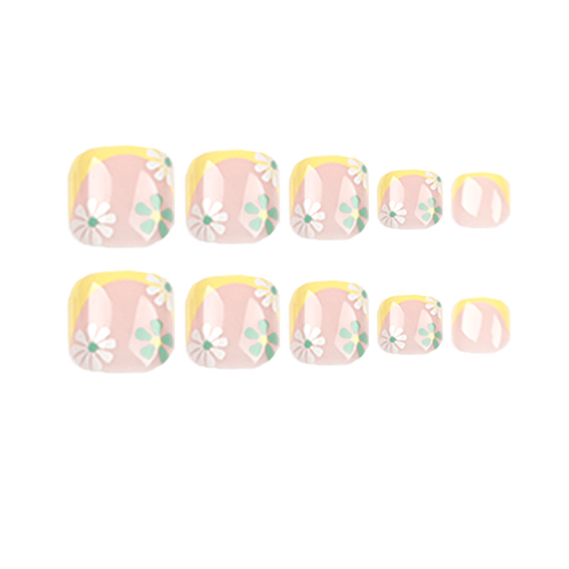 T6 Summer Yellow French flower toe nails