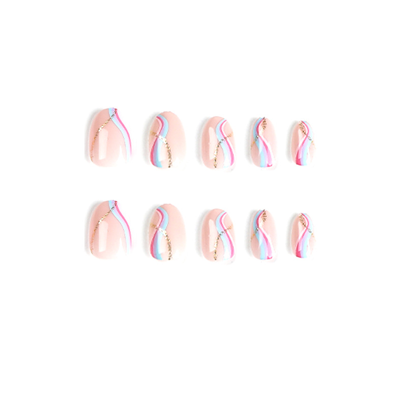 S52 Nude color color line almond short nails