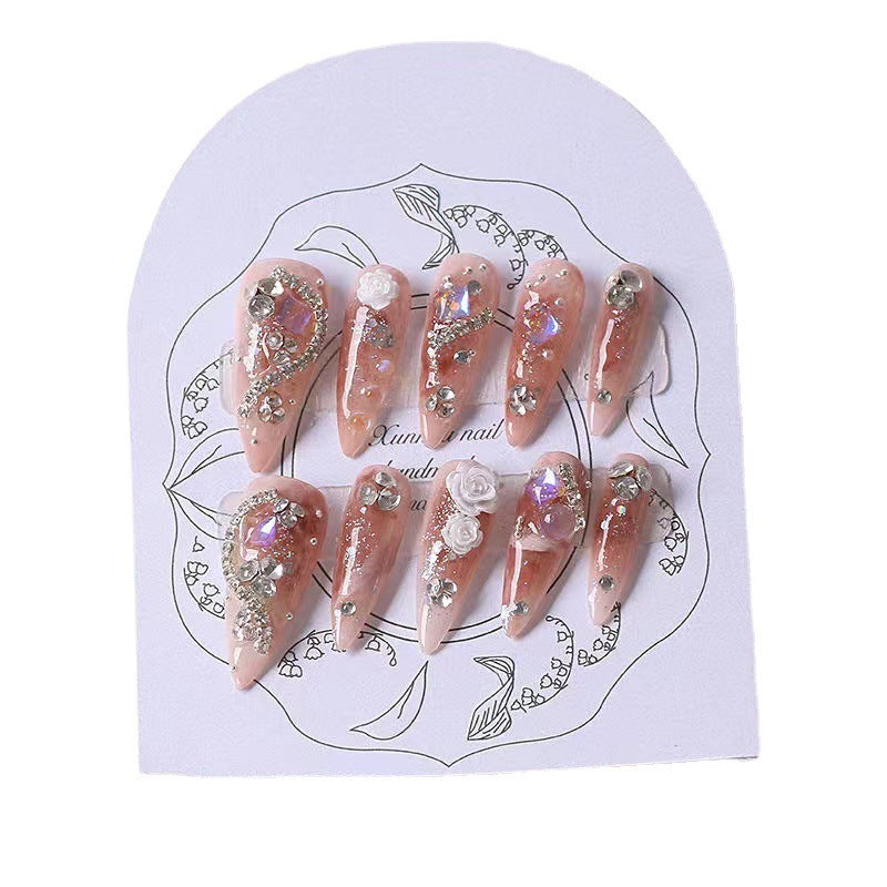 H33 Handmade pink blush Diamond Almond nail