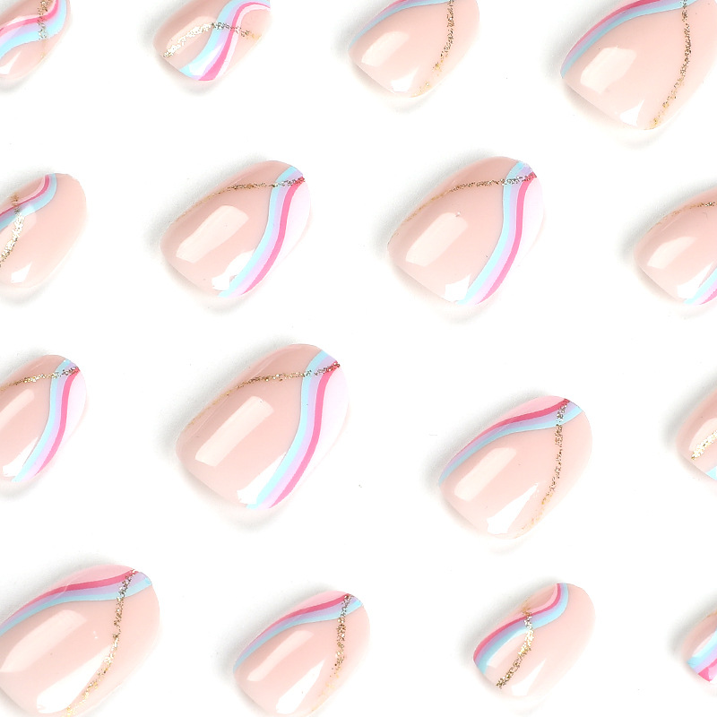 S52 Nude color color line almond short nails