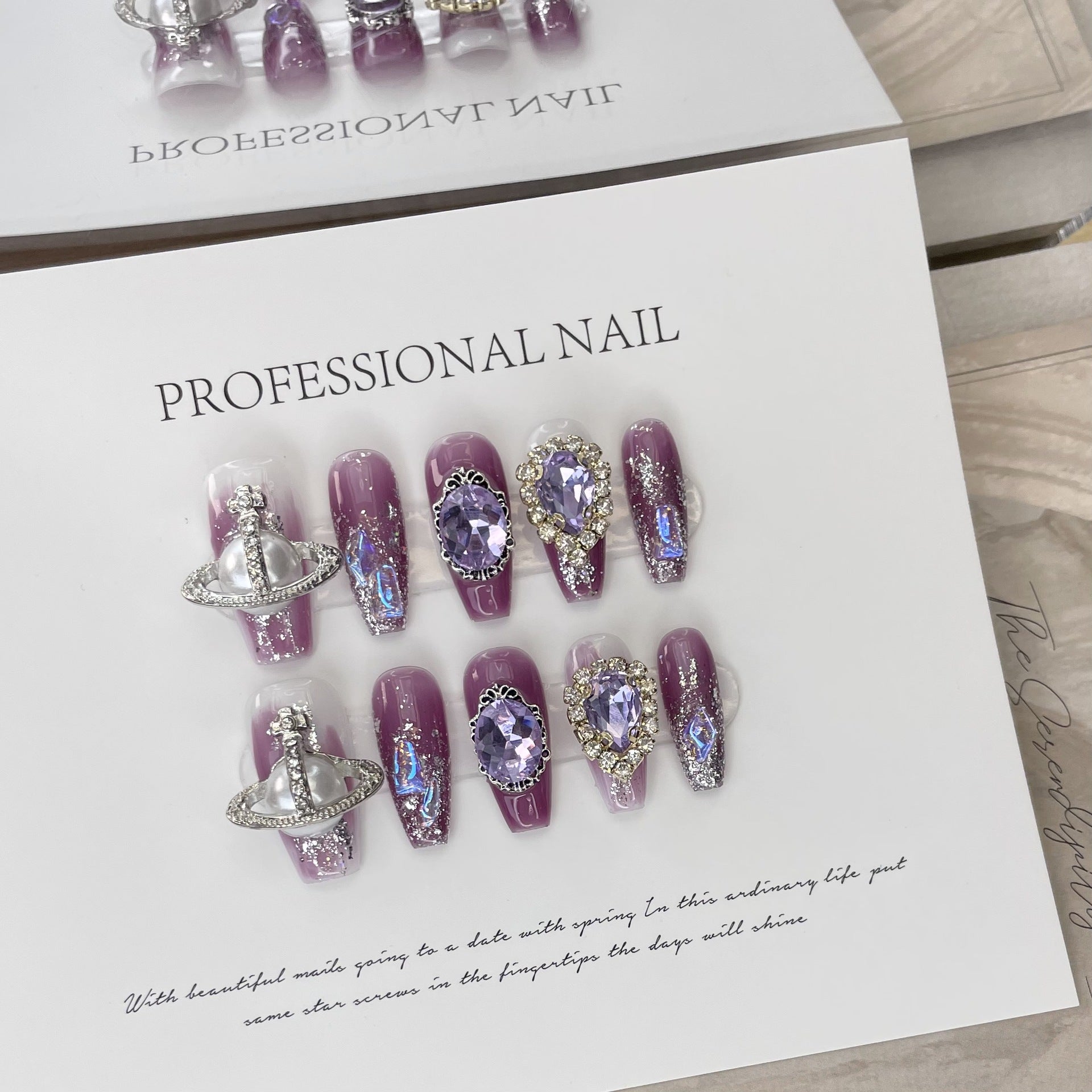 H39 Handmade Purple cat's Eye Diamond Pearl coffin nail