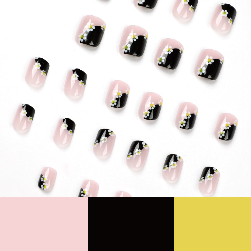 S33 Sunflower Black French Short nails