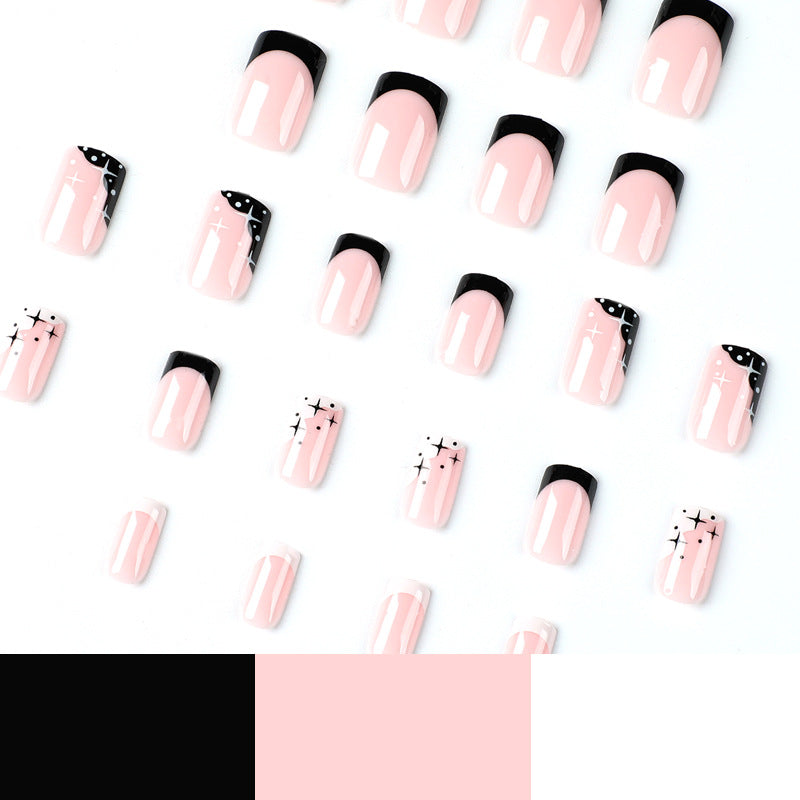 M74 Black and white stars simple French Medium nails