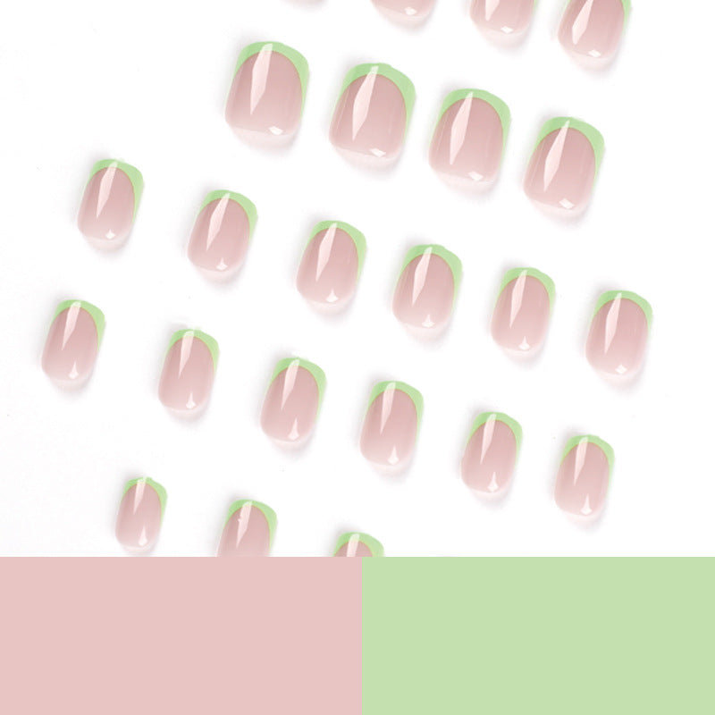 S40 Nude grass green French short nails