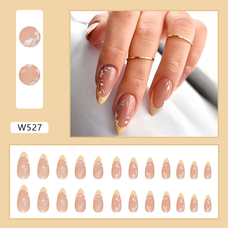 M103 French tip  yellow leaves Almond medium nails