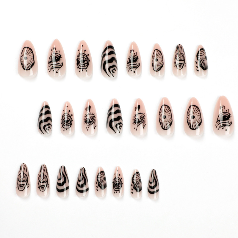 M95 Hand-painted wavy lines with almonds medium nails