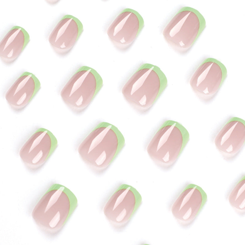 S40 Nude grass green French short nails