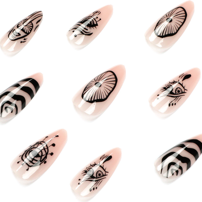M95 Hand-painted wavy lines with almonds medium nails