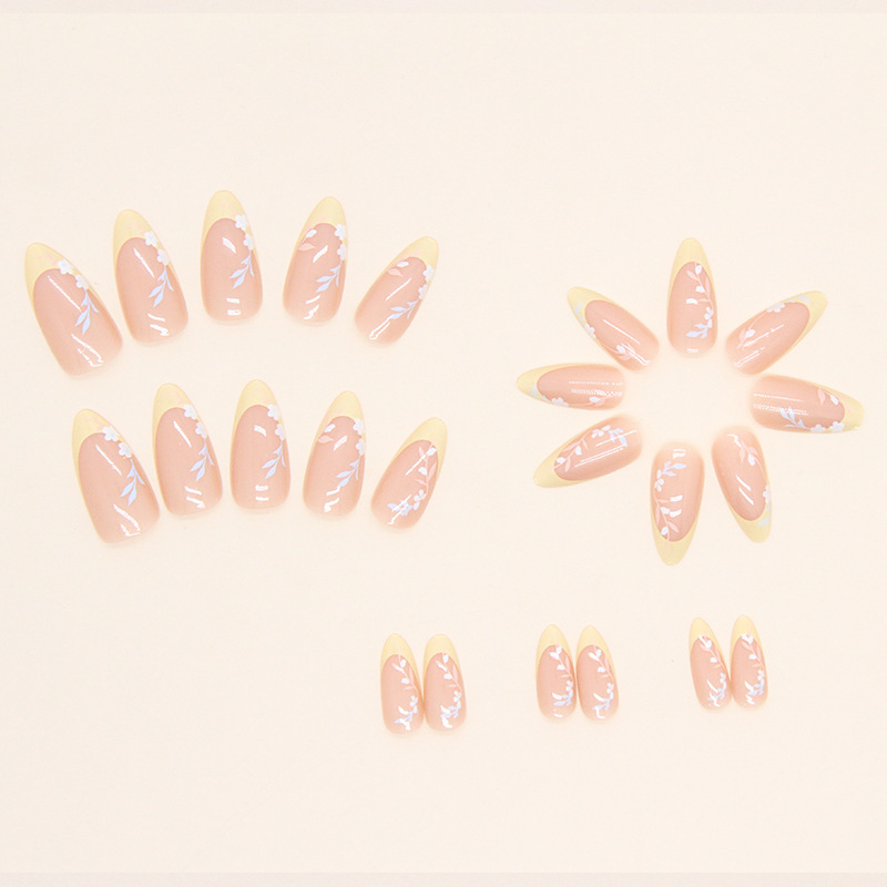 M103 French tip  yellow leaves Almond medium nails