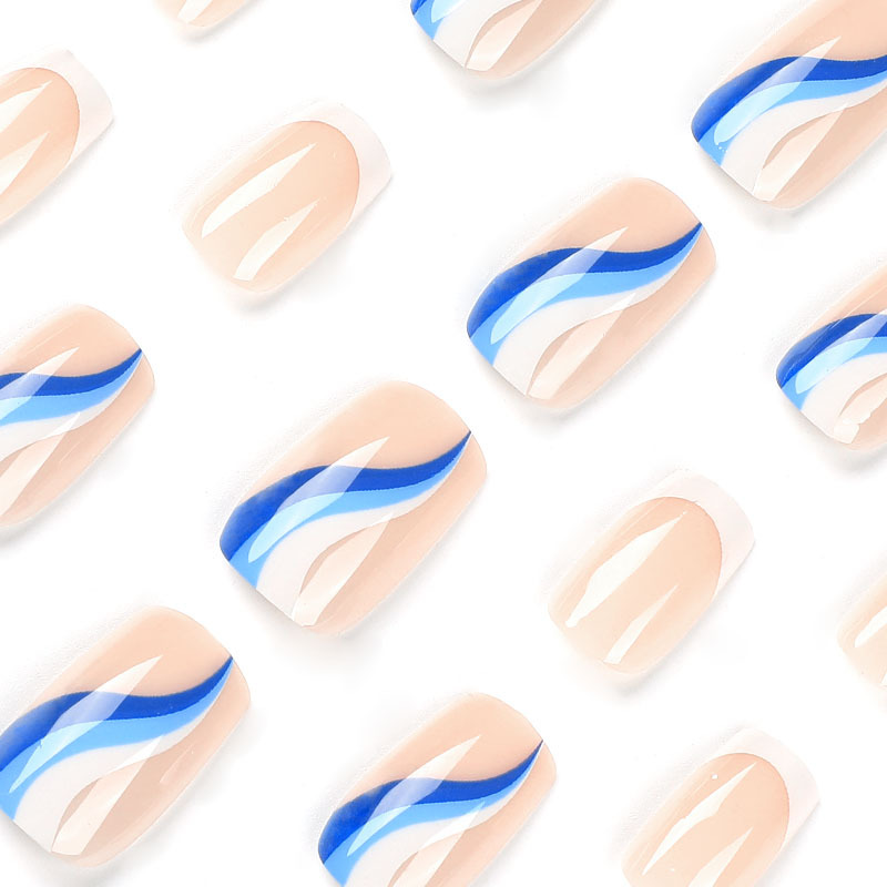 M100  blue&white lines French tip square medium nails