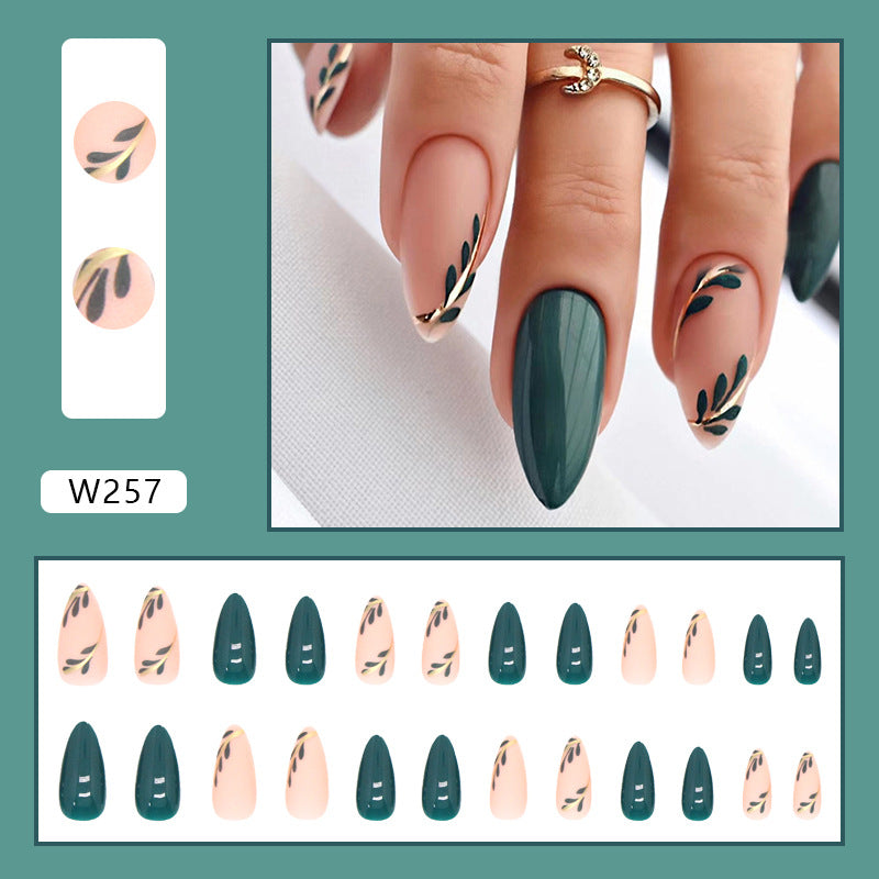 M80 Green forest leaves Almond Medium nails