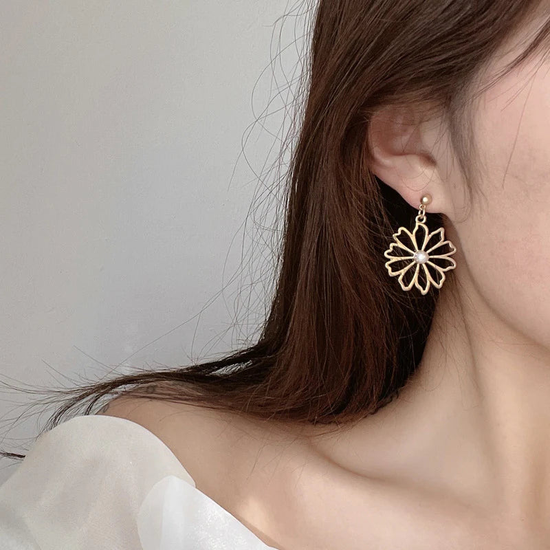 Gold Pearl Flower Earrings
