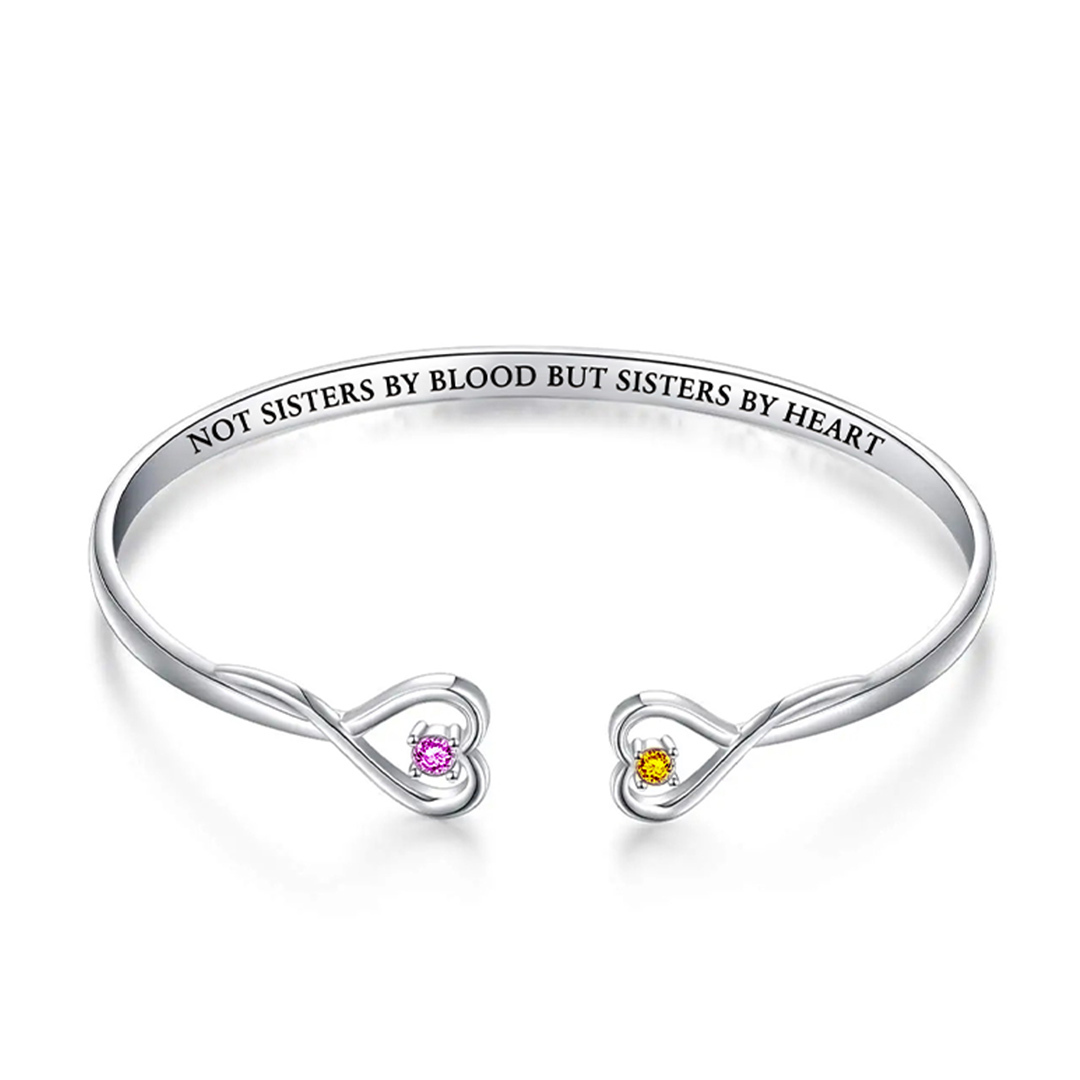 For Friend - Not Sisters By Blood But Sisters By Heart Heart Double Heart Birthstone Custom Bracelet