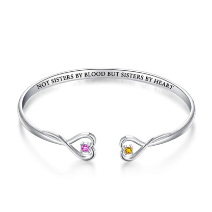 For Friend - Not Sisters By Blood But Sisters By Heart Heart Double Heart Birthstone Custom Bracelet