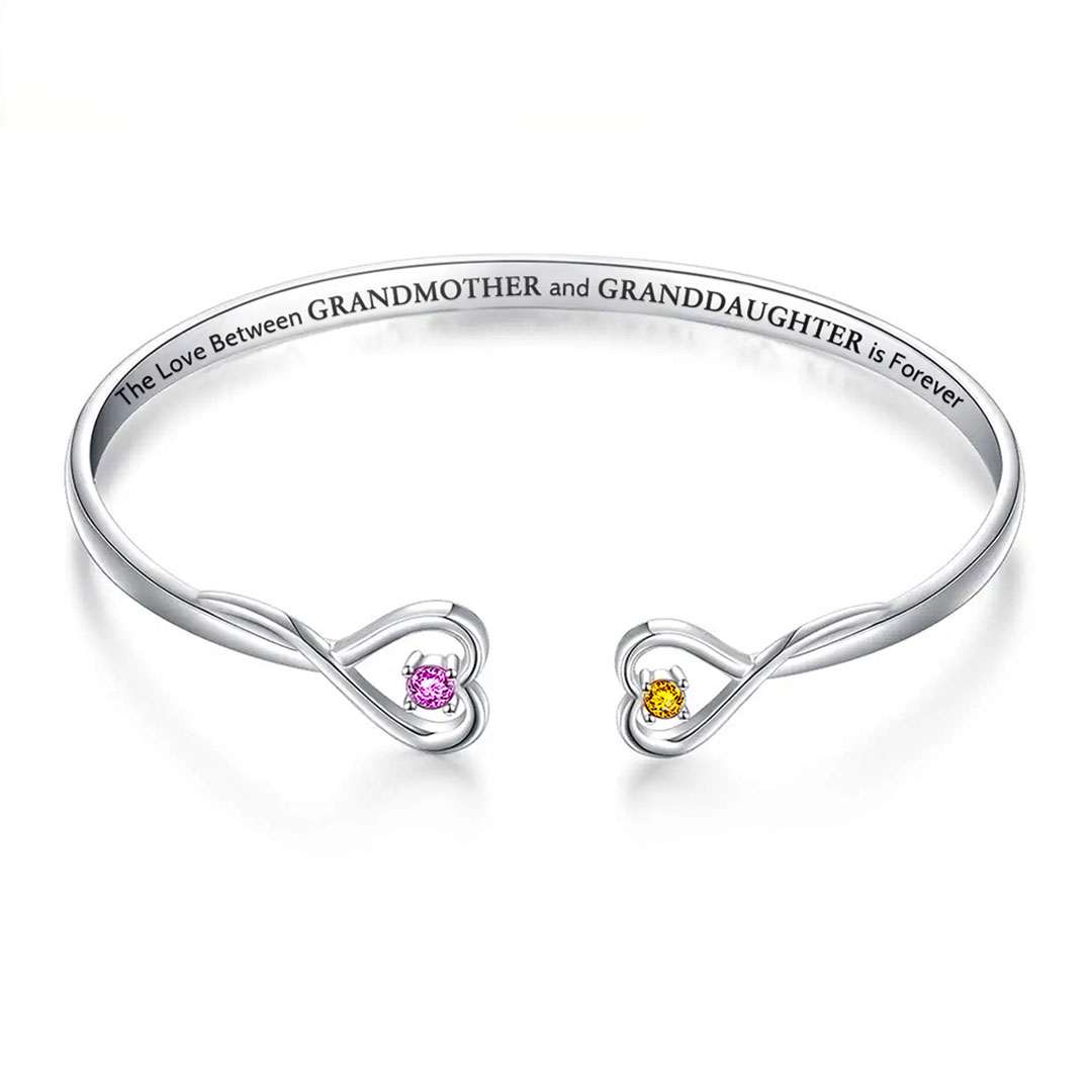 For Grandmother - The Love Between Grandmother And Granddaughter Is Forever Double Heart Birthstone Custom Bracelet