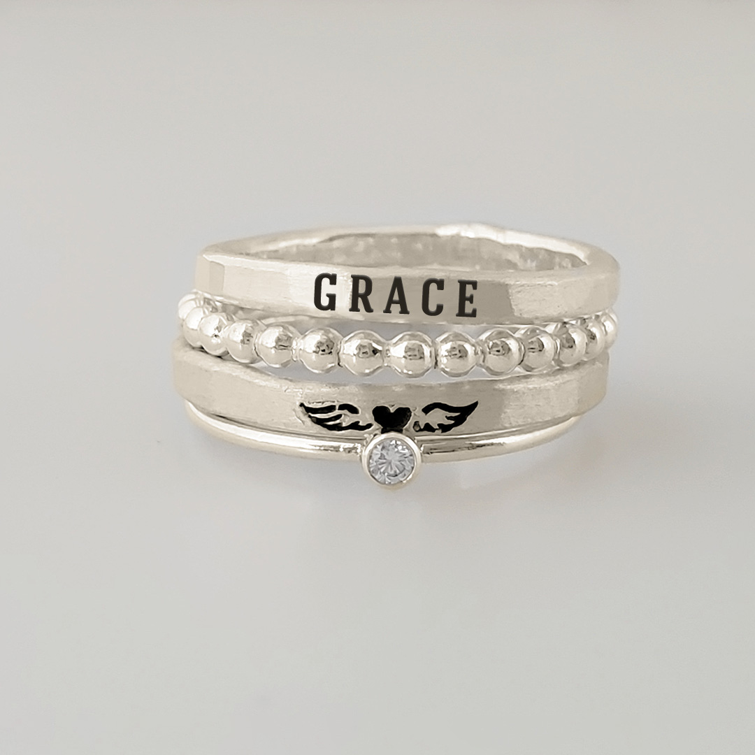 For Memorial - To My Mother In Heaven Heart Wings Stacked Custom Ring