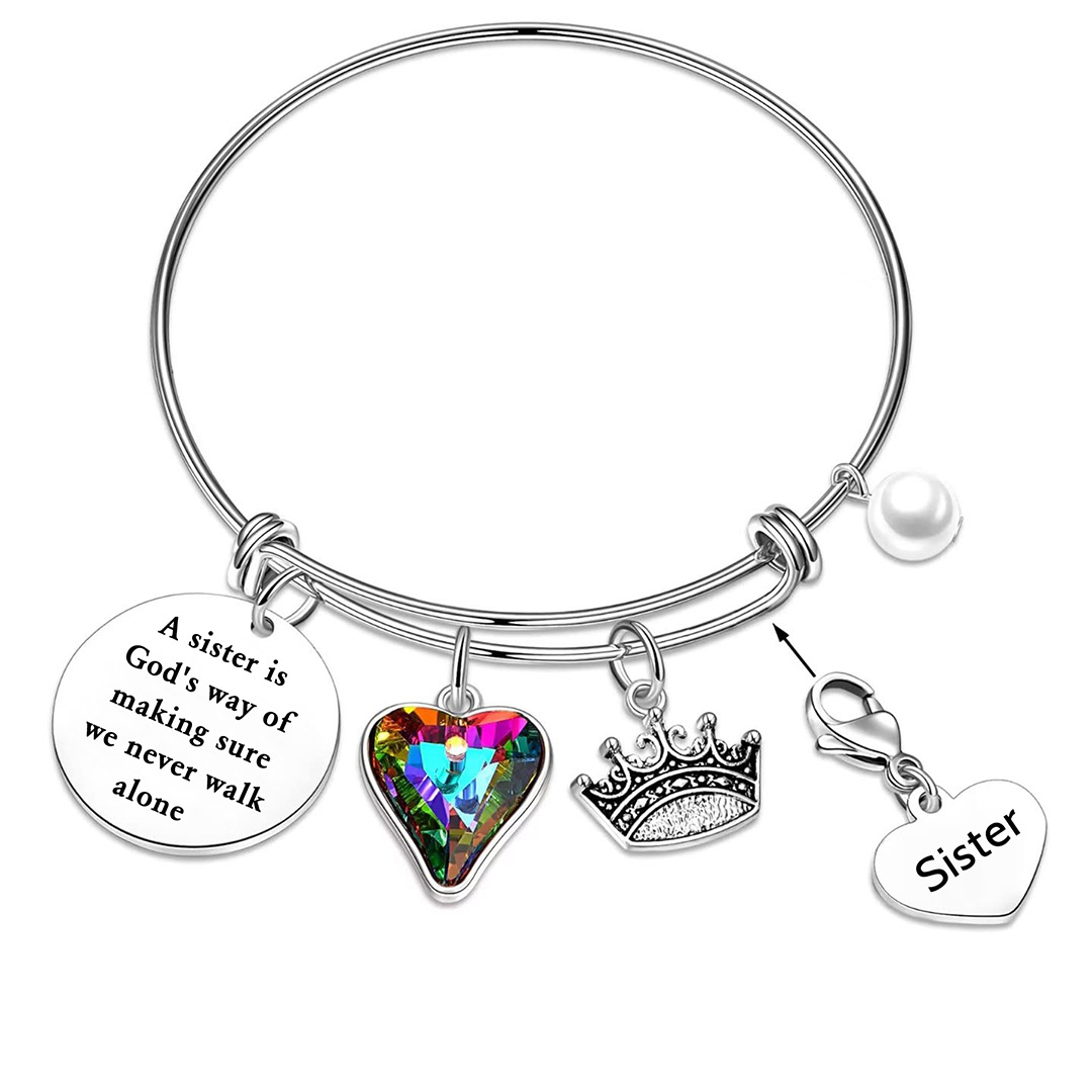 For Sister - A Sister Is God's Way Of Making Sure We Never Walk Alone Crown Heart Bracelet