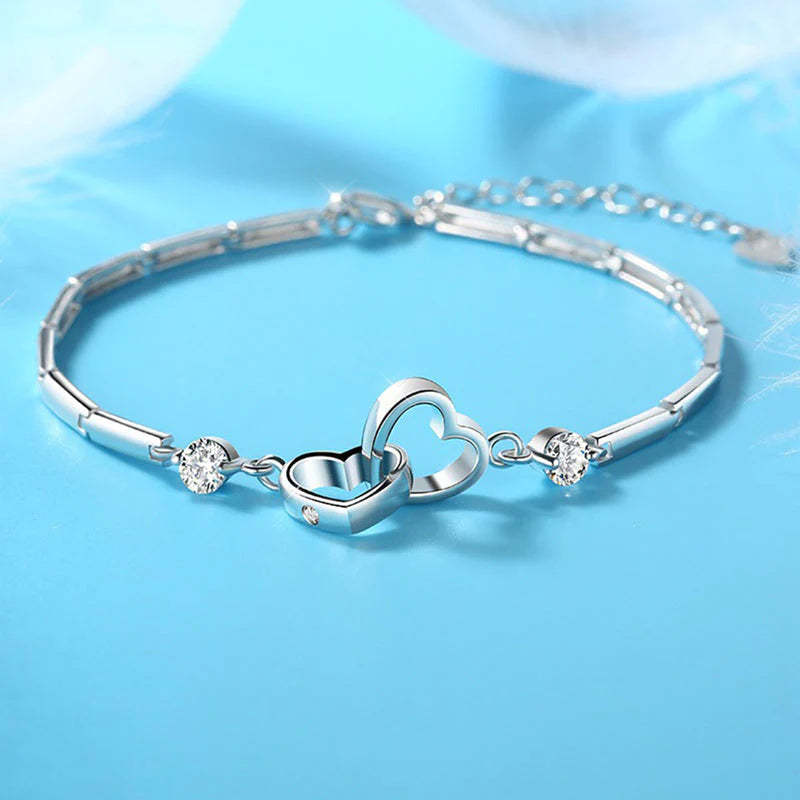 For Ddaughter - S925 Mother & Daughter Forever Linked Together Crystal Heart To Heart Bracelet-37bracelet