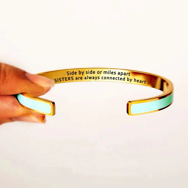 Side By Side Or Miles Apart Sisters Are Always Connected By Heart Cyan Bracelet