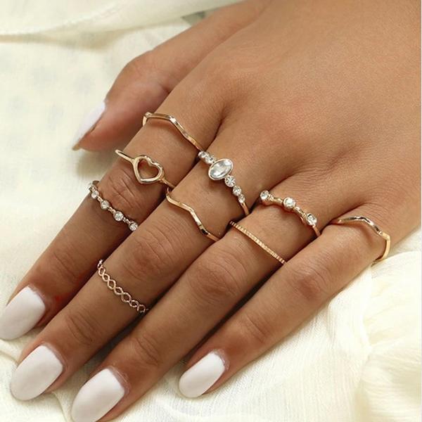 Heart & Rhinestone Engraved Ring 9pcs