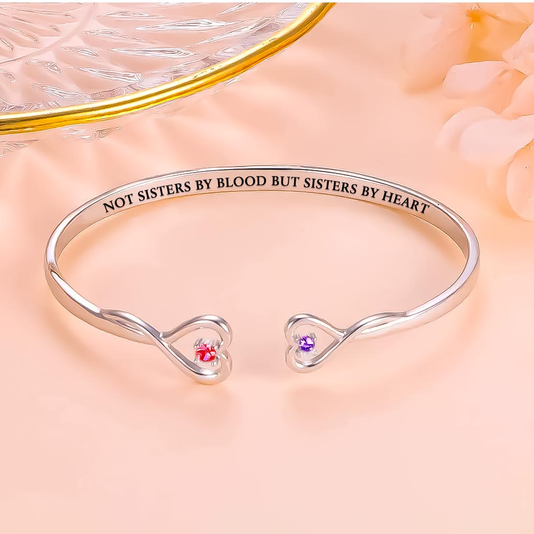 For Friend - Not Sisters By Blood But Sisters By Heart Heart Double Heart Birthstone Custom Bracelet