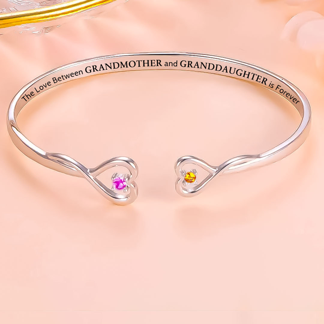 For Grandmother - The Love Between Grandmother And Granddaughter Is Forever Double Heart Birthstone Custom Bracelet
