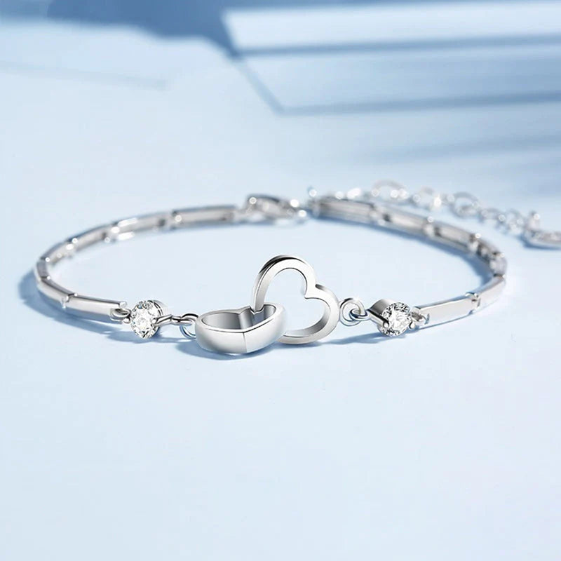 For Ddaughter - S925 Mother & Daughter Forever Linked Together Crystal Heart To Heart Bracelet-37bracelet