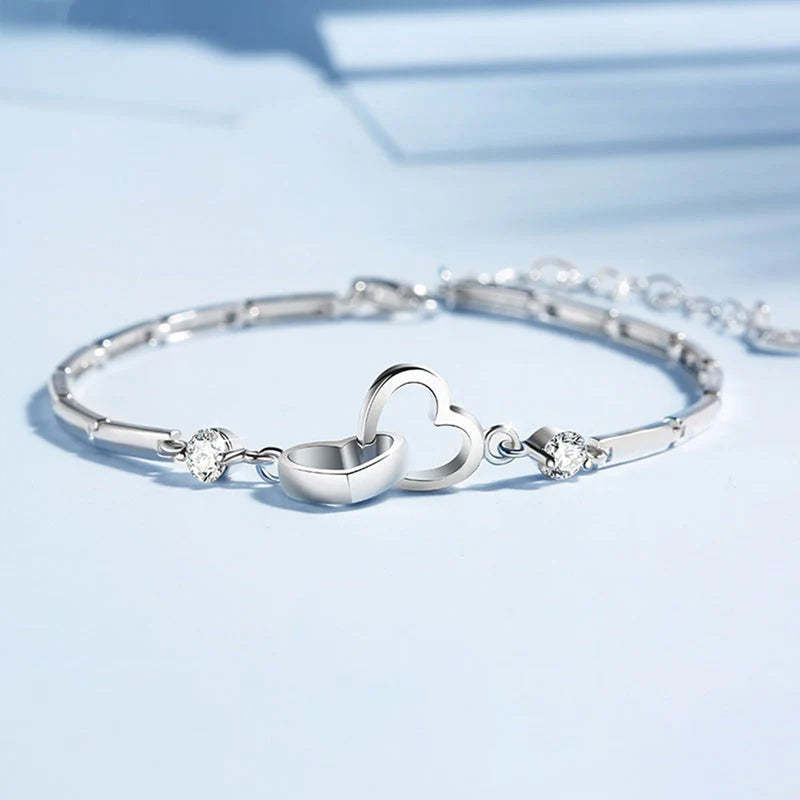 For Ddaughter - S925 Mother & Daughter Forever Linked Together Crystal Heart To Heart Bracelet-37bracelet
