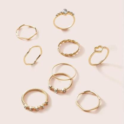 Heart & Rhinestone Engraved Ring 9pcs