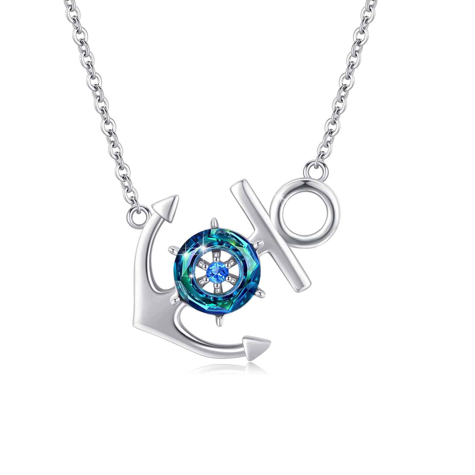 S925 Anchor Crystal Circle Necklace With Blue Diamond