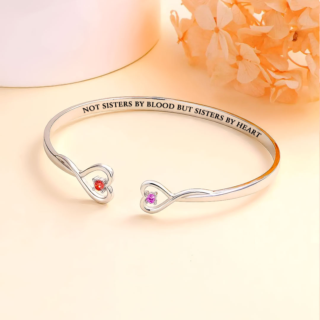 For Friend - Not Sisters By Blood But Sisters By Heart Heart Double Heart Birthstone Custom Bracelet
