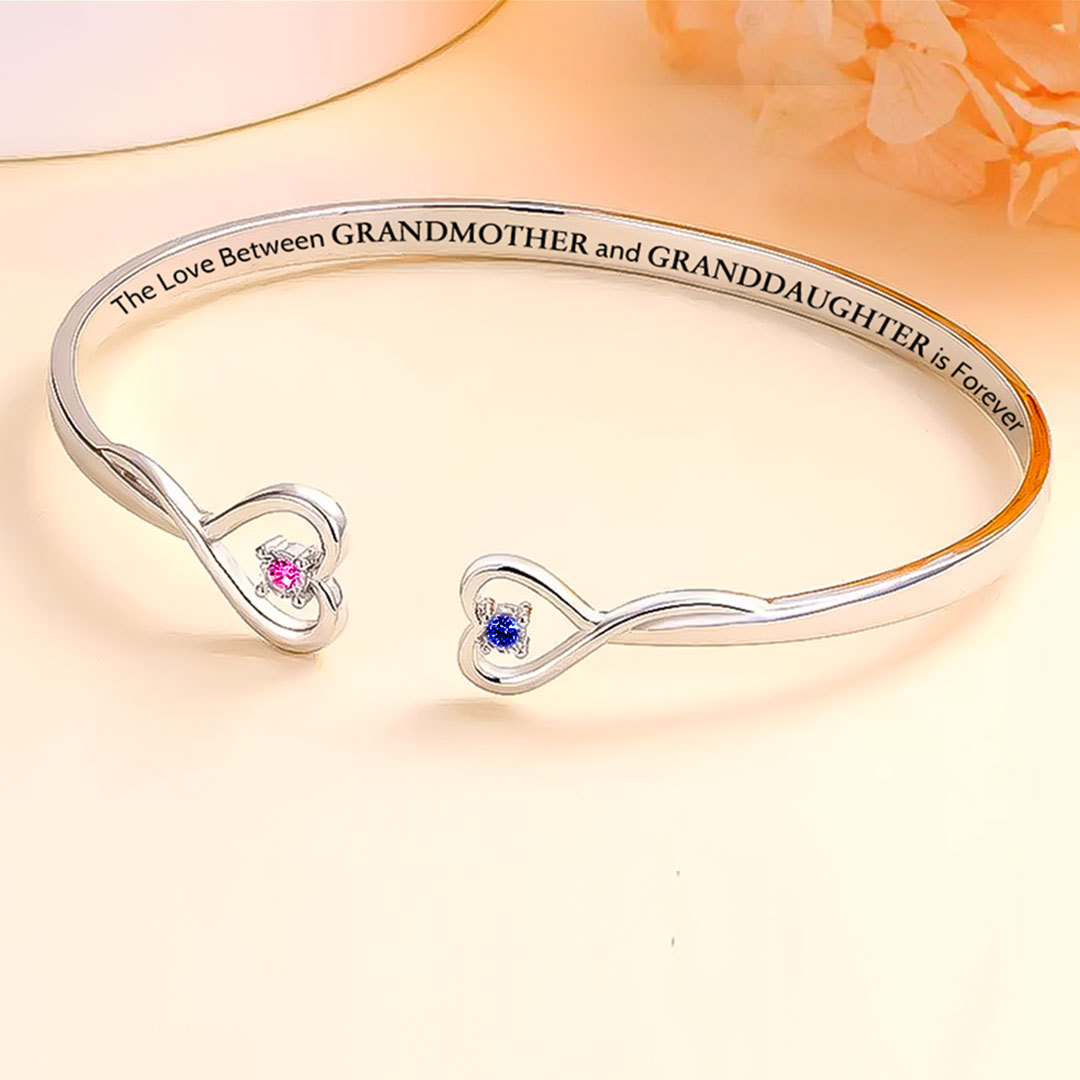 For Grandmother - The Love Between Grandmother And Granddaughter Is Forever Double Heart Birthstone Custom Bracelet