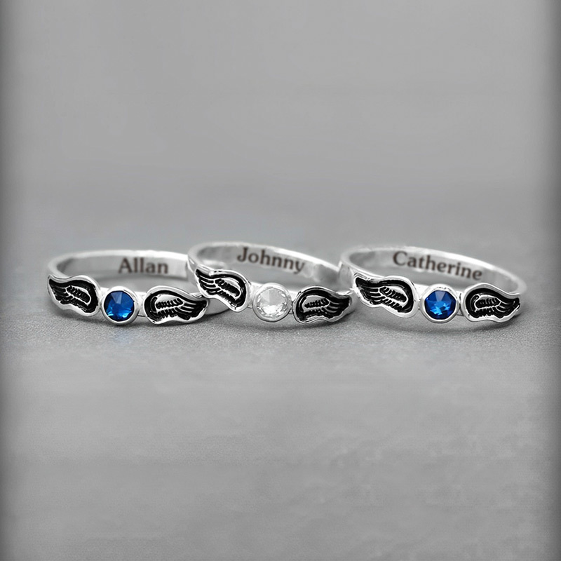 For Memorial - Hand Stamped Angel Wings Name & Birthstone Custom Ring