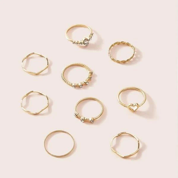 Heart & Rhinestone Engraved Ring 9pcs