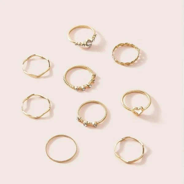 Heart & Rhinestone Engraved Ring 9pcs