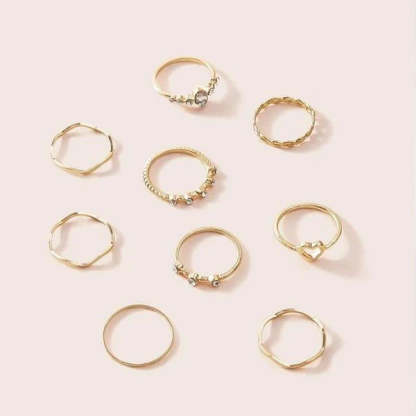 Heart & Rhinestone Engraved Ring 9pcs