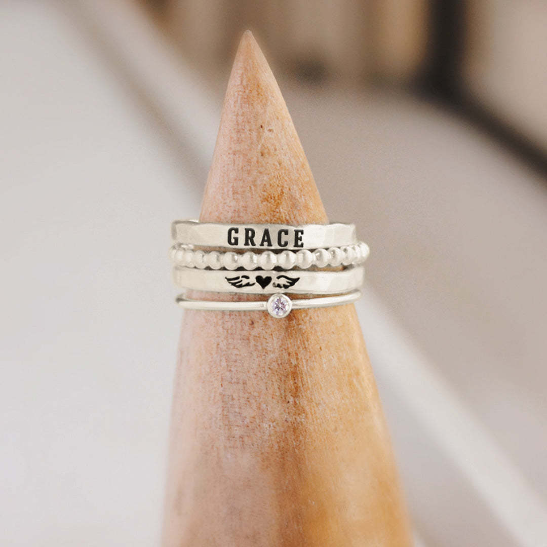 For Memorial - Even Death Can't Stop Me From Loving Him Angel Custom Name Stacked Ring - 4 Rings Set