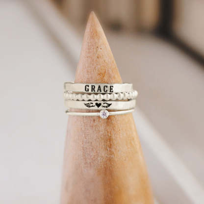 For Memorial - Even Death Can't Stop Me From Loving Him Angel Custom Name Stacked Ring - 4 Rings Set