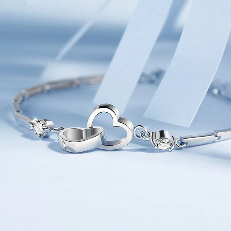 For Ddaughter - S925 Mother & Daughter Forever Linked Together Crystal Heart To Heart Bracelet-37bracelet