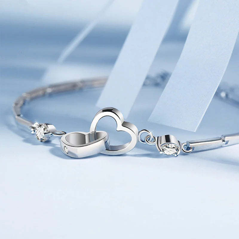 For Ddaughter - S925 Mother & Daughter Forever Linked Together Crystal Heart To Heart Bracelet-37bracelet