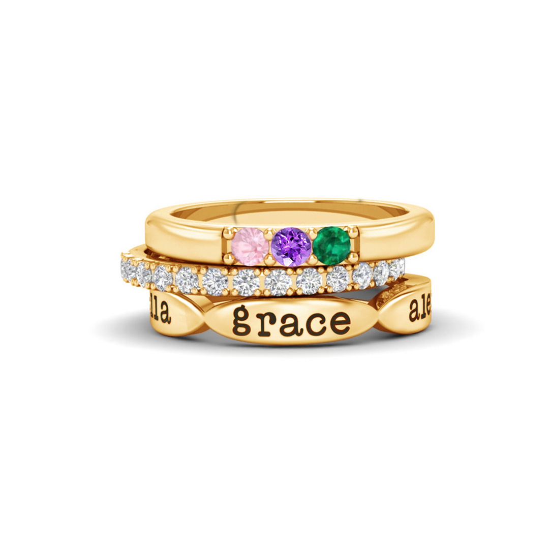 For Mother - Mama of Three Birthstone Personalized Stacking Ring