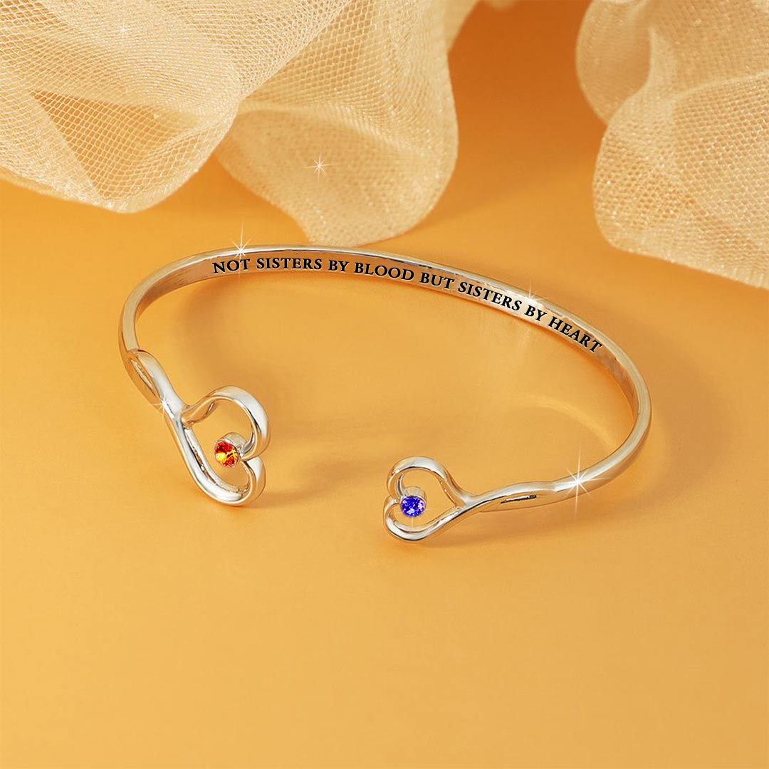 For Friend - Not Sisters By Blood But Sisters By Heart Heart Double Heart Birthstone Custom Bracelet