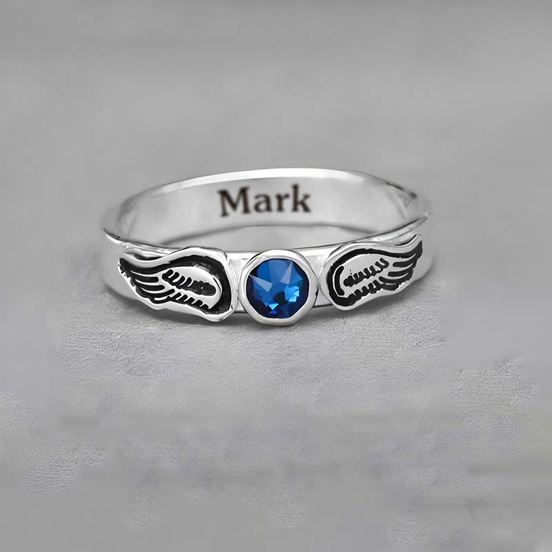 For Memorial - Hand Stamped Angel Wings Name & Birthstone Custom Ring