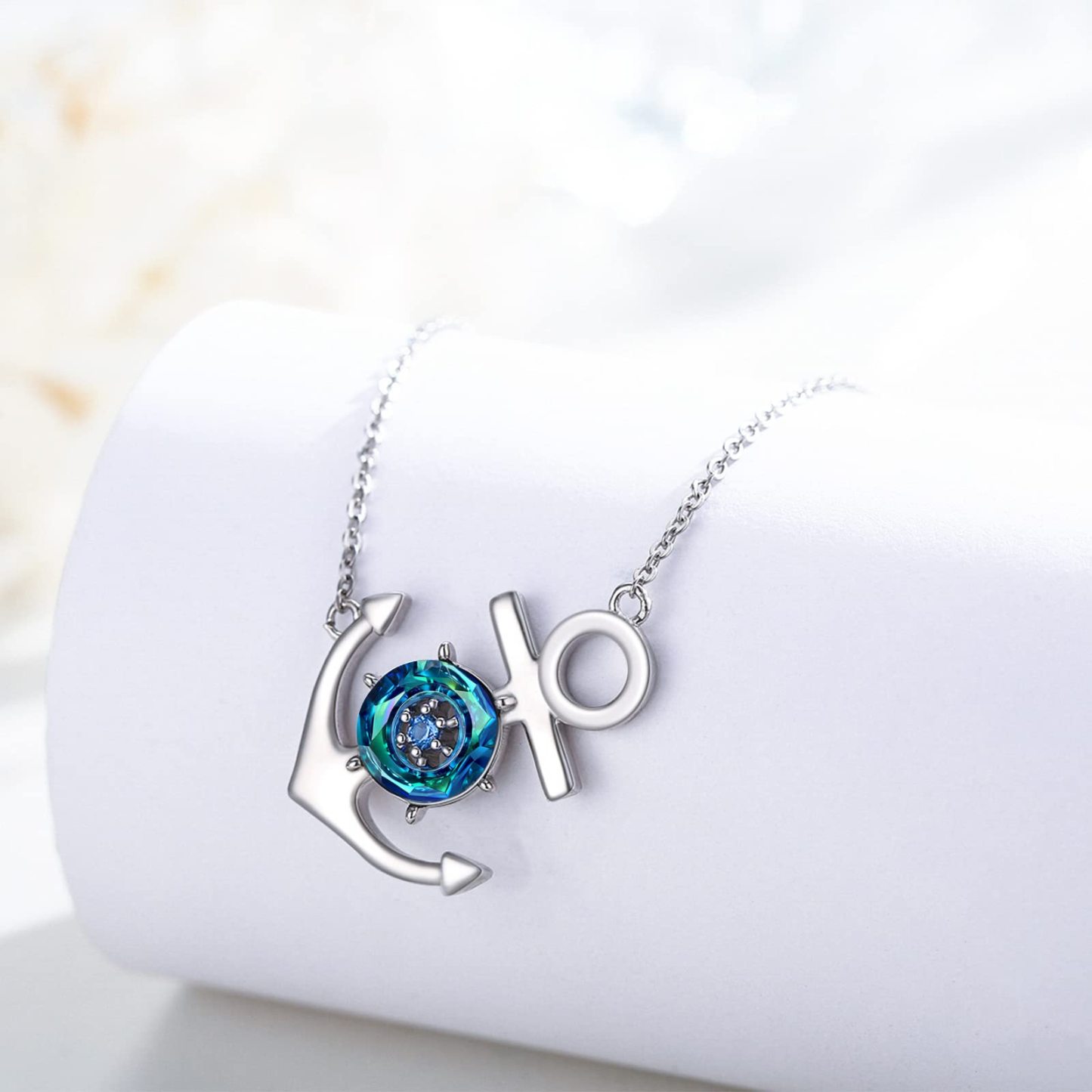 S925 Anchor Crystal Circle Necklace With Blue Diamond