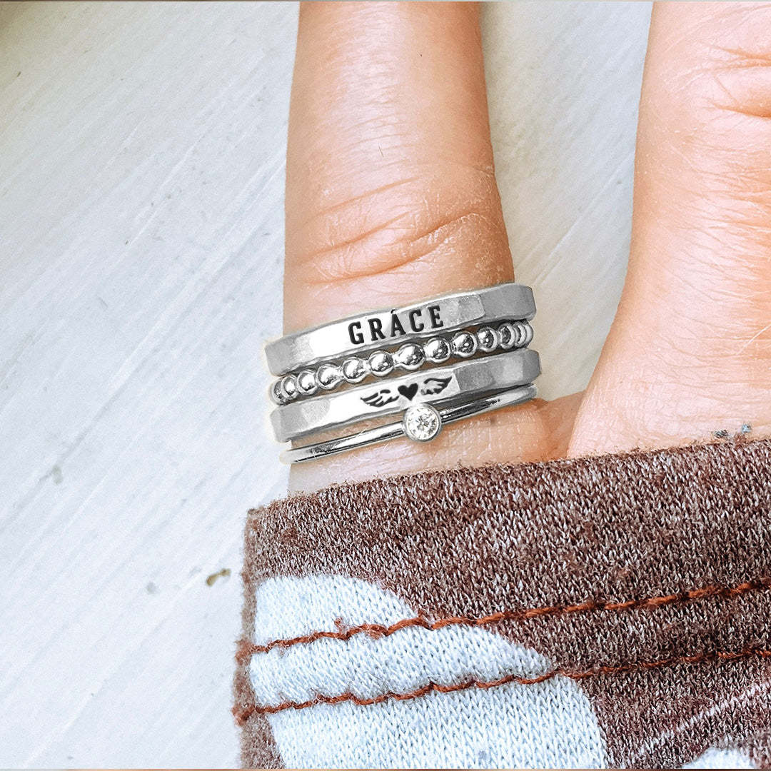 For Memorial - Even Death Can't Stop Me From Loving Him Angel Custom Name Stacked Ring - 4 Rings Set