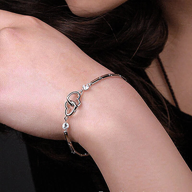 For Ddaughter - S925 Mother & Daughter Forever Linked Together Crystal Heart To Heart Bracelet-37bracelet