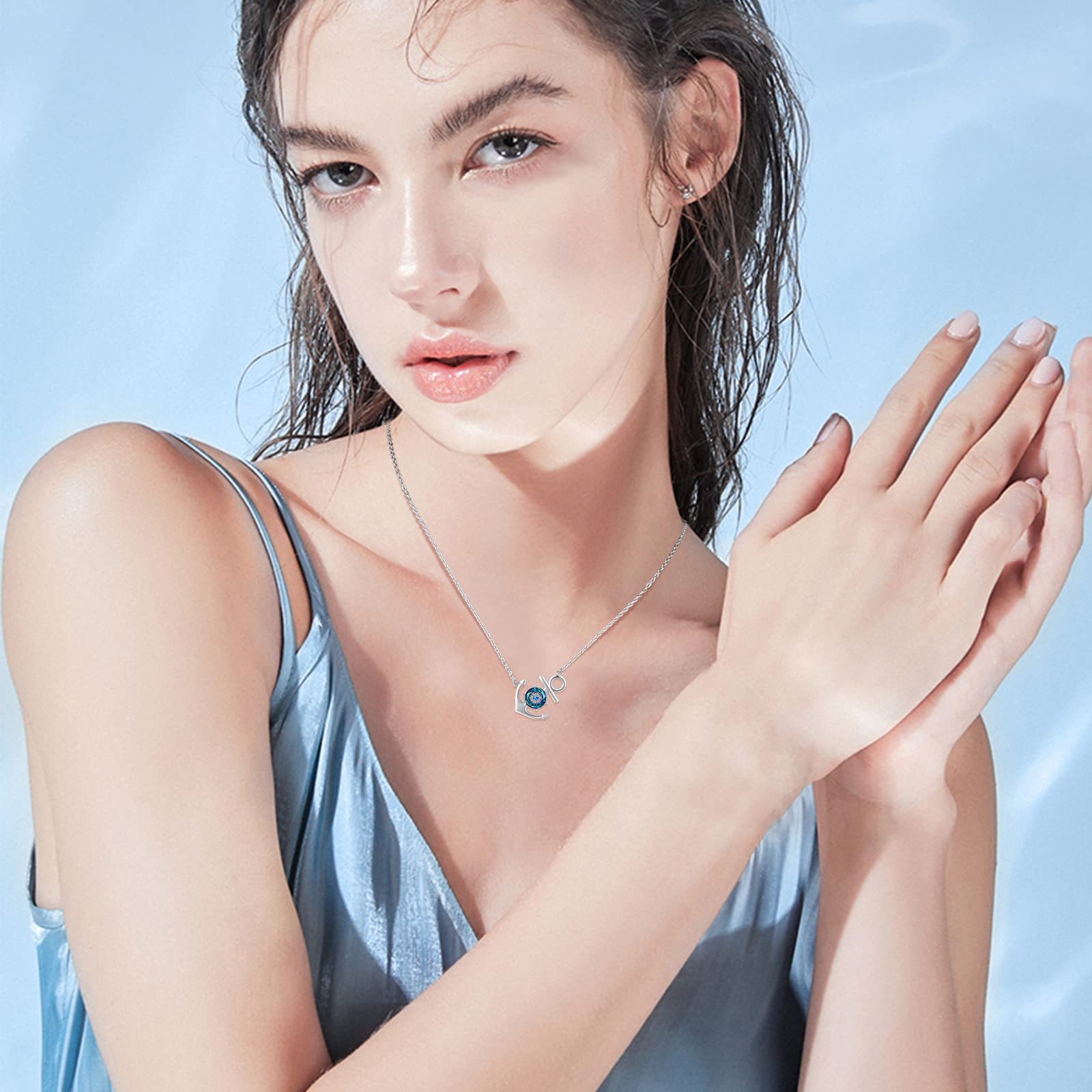 S925 Anchor Crystal Circle Necklace With Blue Diamond