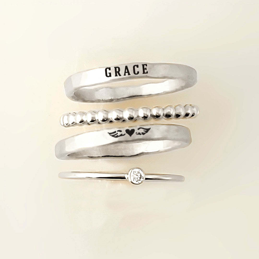For Memorial - Even Death Can't Stop Me From Loving Him Angel Custom Name Stacked Ring - 4 Rings Set