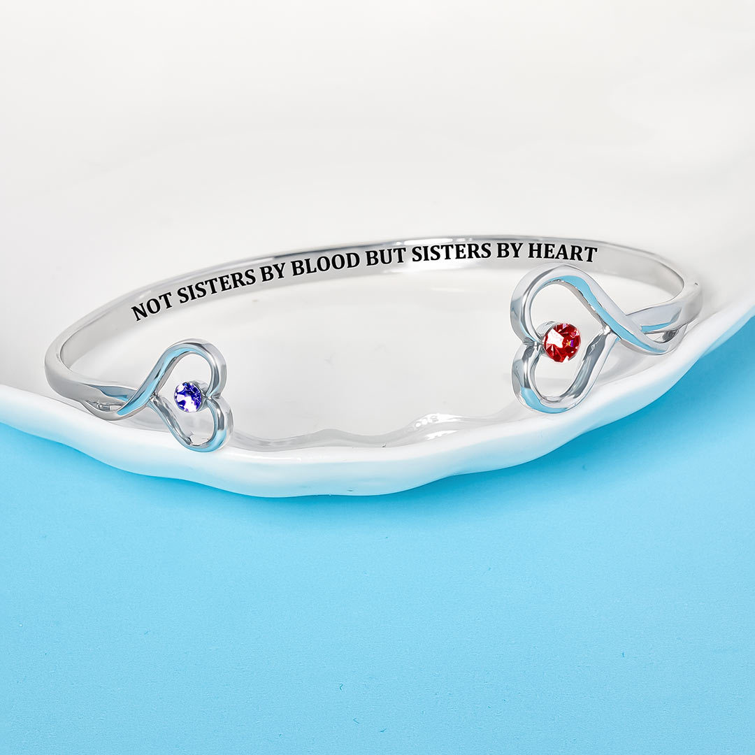 For Friend - Not Sisters By Blood But Sisters By Heart Heart Double Heart Birthstone Custom Bracelet